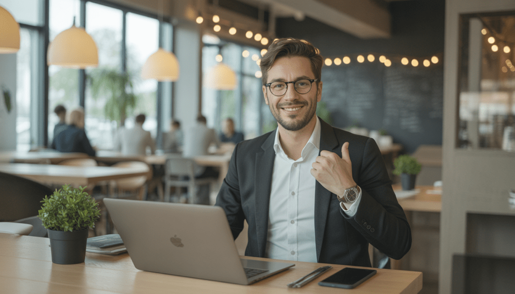 Consultant SEO freelance à Lyon dans un bureau moderne et lumineux, environnement propre avec éclairage naturel haute technologie, style photoréaliste et mise au point nette