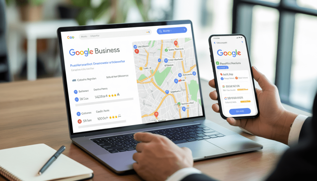 Consultant en marketing digital présentant l'optimisation d'une fiche Google Business Profile sur écran d'ordinateur portable et smartphone, avec carte locale, avis clients et horaires affichés