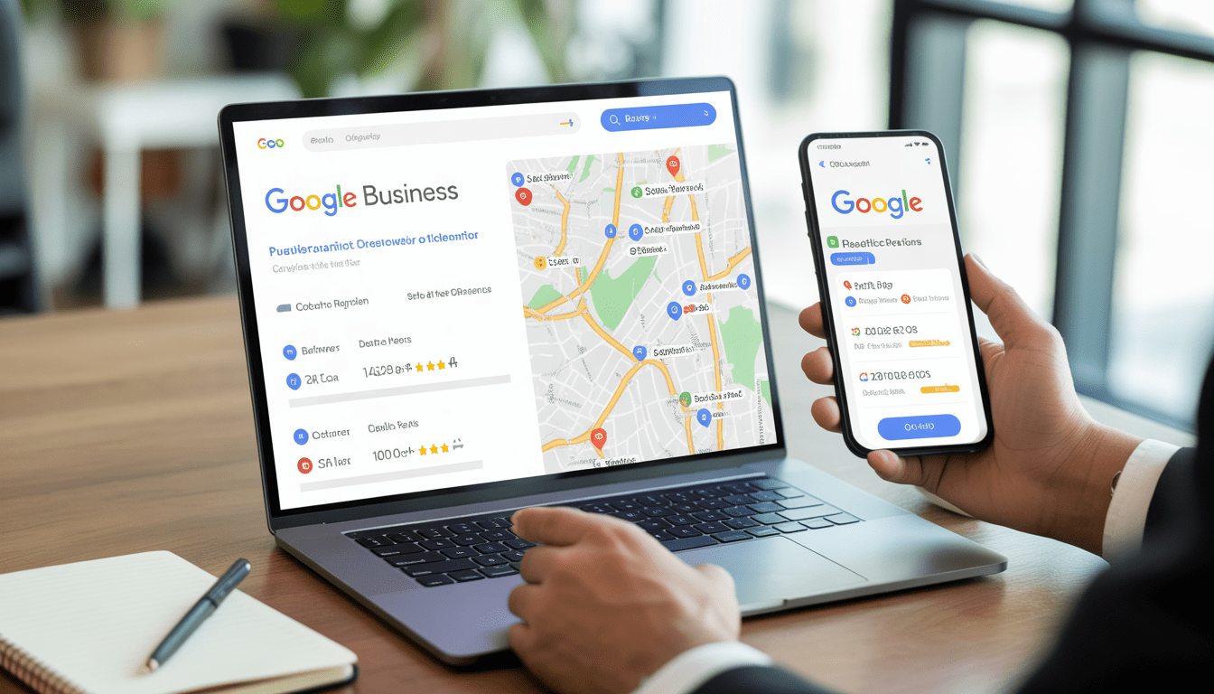 Consultant en marketing digital présentant l'optimisation d'une fiche Google Business Profile sur écran d'ordinateur portable et smartphone, avec carte locale, avis clients et horaires affichés