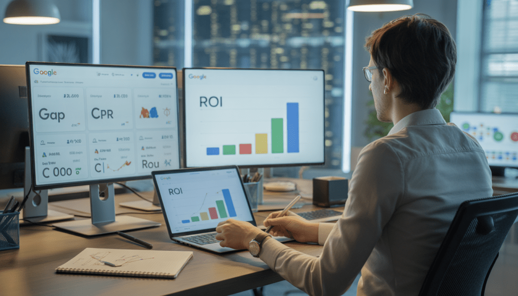 Consultant en marketing digital assis à un bureau moderne avec plusieurs écrans affichant des tableaux de bord Google Ads, graphiques de croissance, et métriques de performance telles que CPC, CTR, CPA et ROI