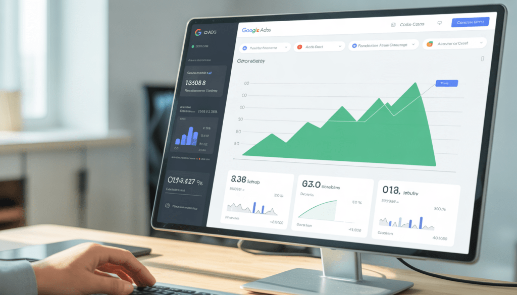 Écran d'ordinateur affichant un tableau de bord Google Ads avec graphiques de performance en hausse, indicateurs de ROI et courbes de conversion dans un environnement moderne et minimaliste