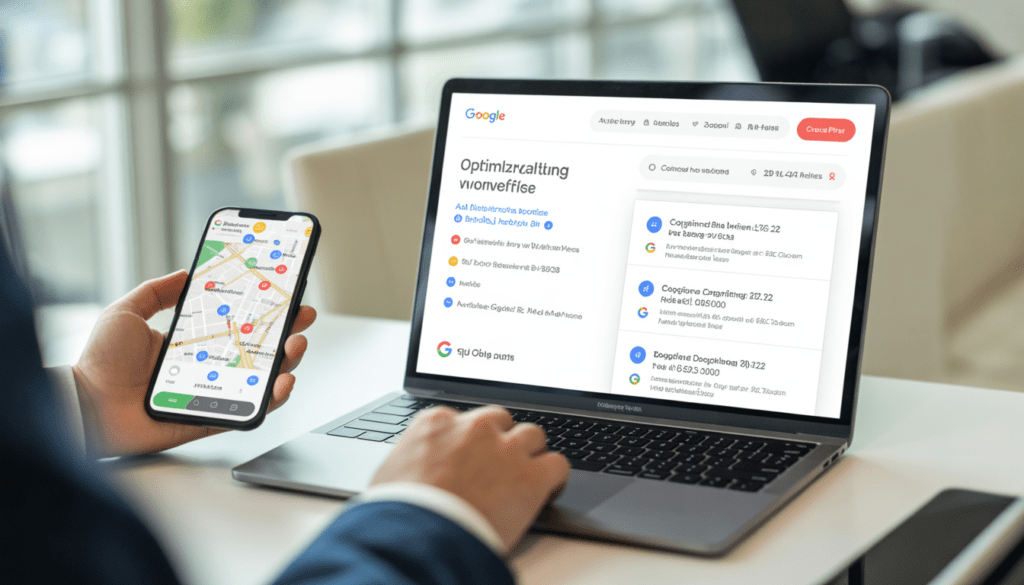 Consultant en marketing digital professionnel travaillant sur un ordinateur portable affichant une fiche Google Business Profile optimisée avec avis clients et horaires, à côté d'un smartphone montrant une liste d'entreprises sur Google Maps avec plusieurs épingles locales