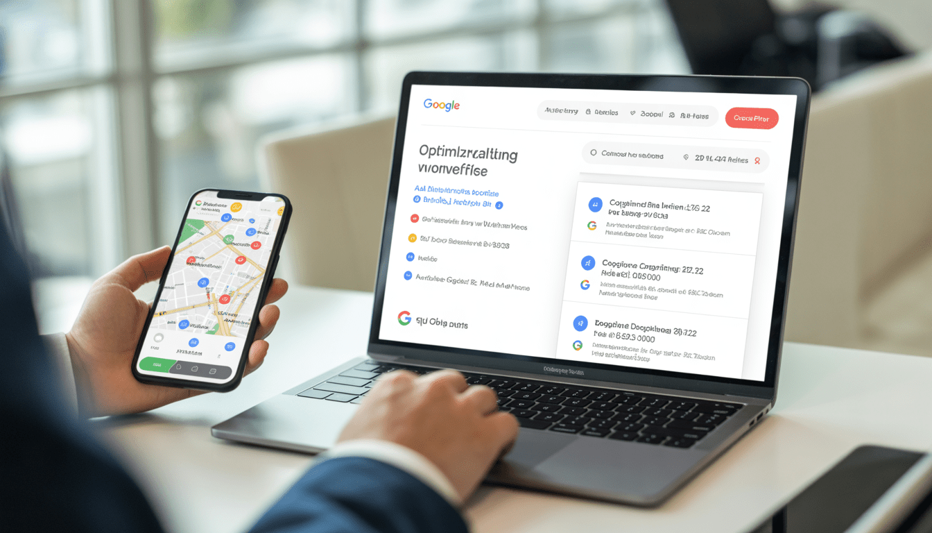 Consultant en marketing digital professionnel travaillant sur un ordinateur portable affichant une fiche Google Business Profile optimisée avec avis clients et horaires, à côté d'un smartphone montrant une liste d'entreprises sur Google Maps avec plusieurs épingles locales