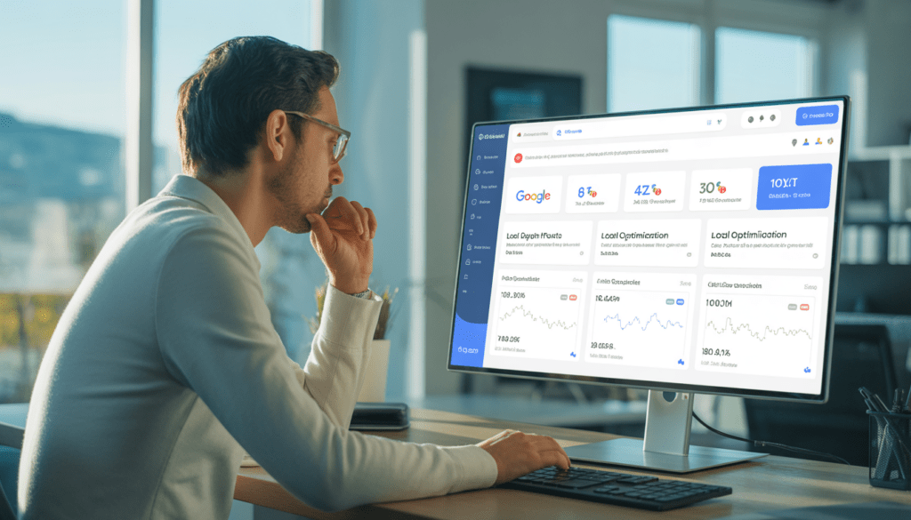 Consultant SEO freelance à Lyon analysant un écran d'ordinateur affichant des résultats de recherche Google et des graphiques d'optimisation locale dans un bureau moderne lumineux et minimaliste
