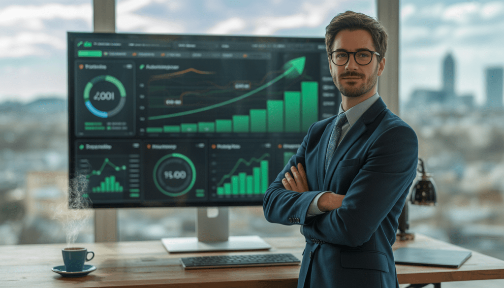 Consultant en marketing digital debout devant un écran affichant des graphiques de croissance ascendante et des courbes ROI optimisées dans un bureau moderne à Lyon