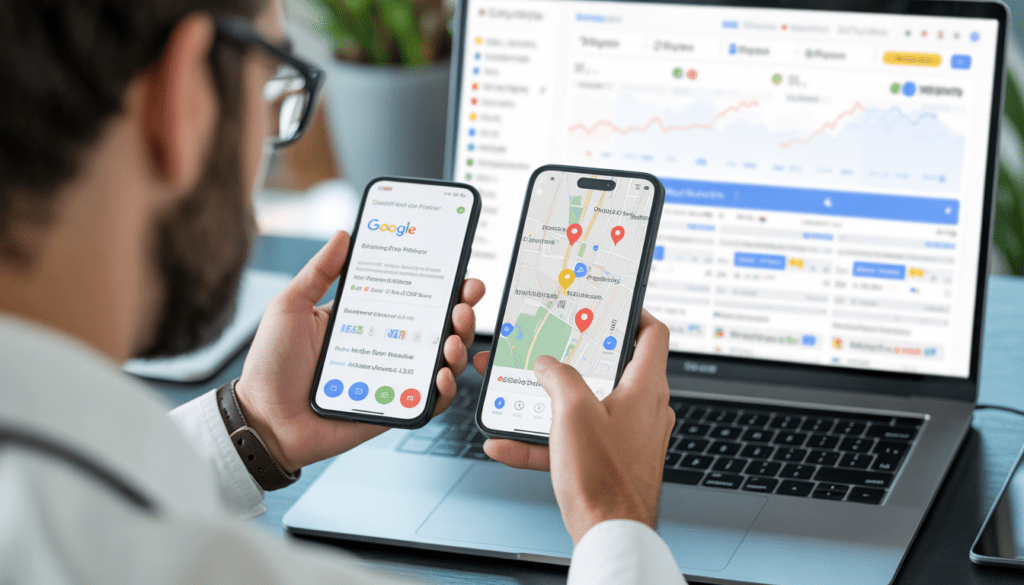 Consultant en marketing digital au bureau moderne, consultant un profil Google Business optimisé sur smartphone avec une carte locale affichée sur un ordinateur portable