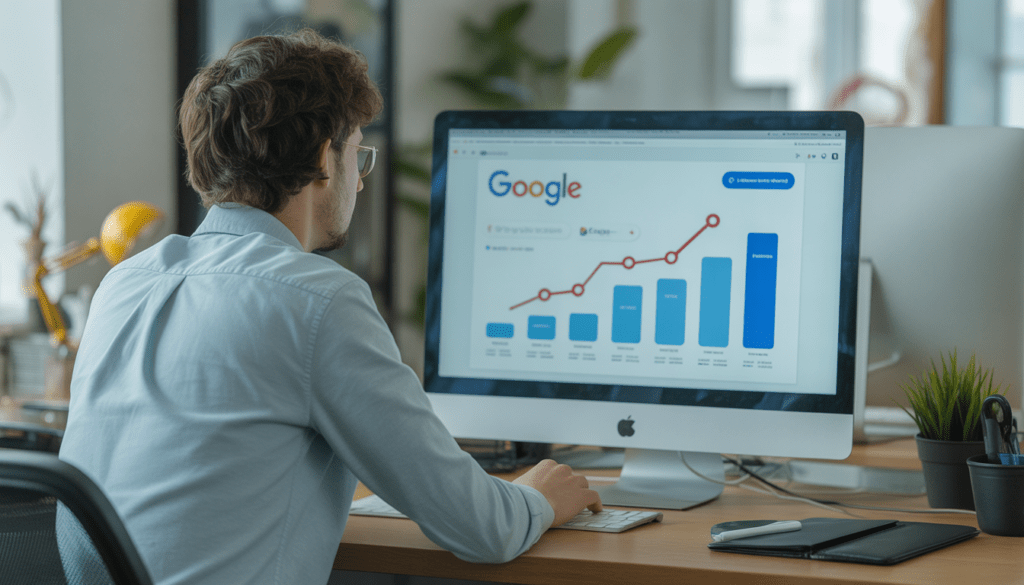 Consultant SEO freelance à Lyon assis à un bureau moderne, travaillant sur un ordinateur affichant des résultats de recherche Google et des graphiques de trafic en hausse, dans un environnement propre et lumineux