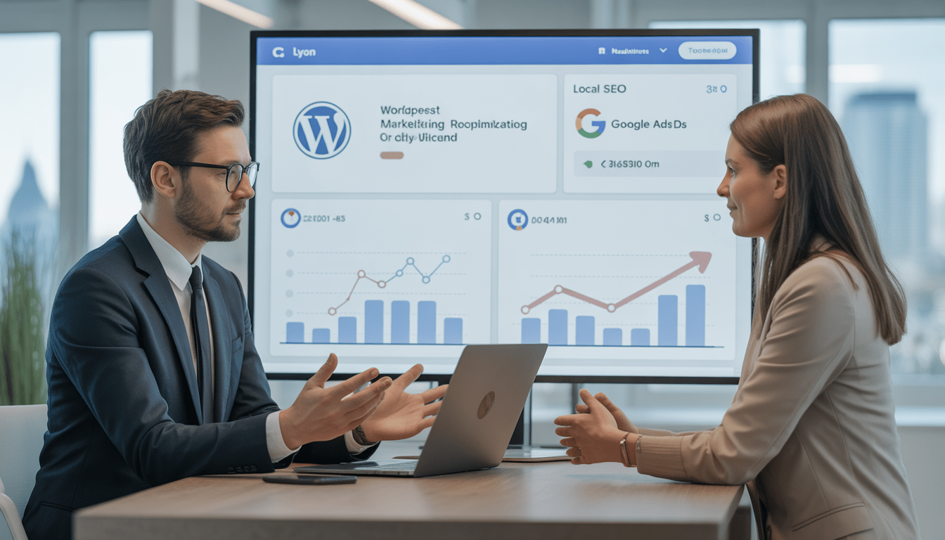 Consultant marketing digital Lyon discutant avec dirigeante de PME dans un bureau moderne avec tableaux SEO et Google Ads en arrière-plan
