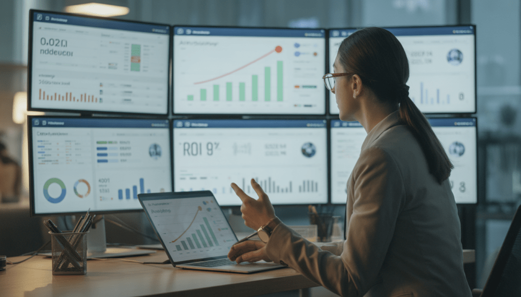 Consultant marketing digital dans un bureau moderne avec plusieurs écrans affichant des tableaux de bord publicitaires, des graphiques de croissance, des indicateurs de retour sur investissement et des performances claires
