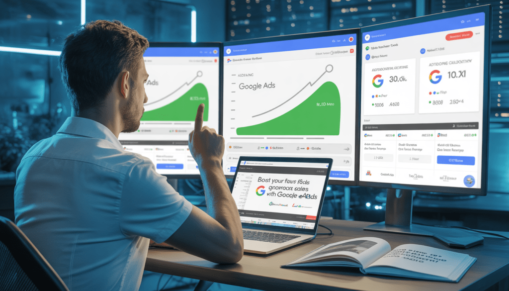 Consultant expert en marketing digital assis à un bureau moderne avec plusieurs écrans affichant des tableaux de bord Google Ads dynamiques, courbes de croissance ascendantes et courbes ROI vertes, ambiance professionnelle high-tech avec éclairage LED bleu