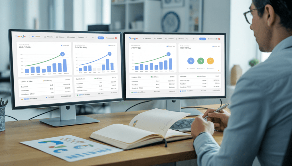 Consultant en marketing digital devant un bureau moderne avec trois écrans affichant des tableaux de bord Google Ads montrant des graphiques de croissance, ROI et conversions