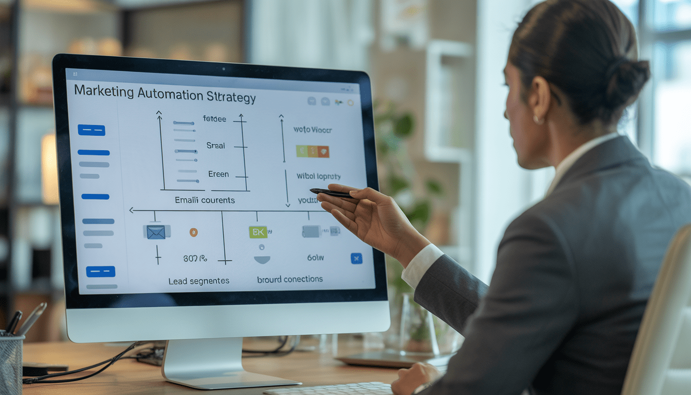 Consultant marketing professionnel présentant une stratégie d'automatisation sur un écran d'ordinateur avec diagrammes de flux, séquences d'emails et segments de leads dans un bureau moderne et lumineux