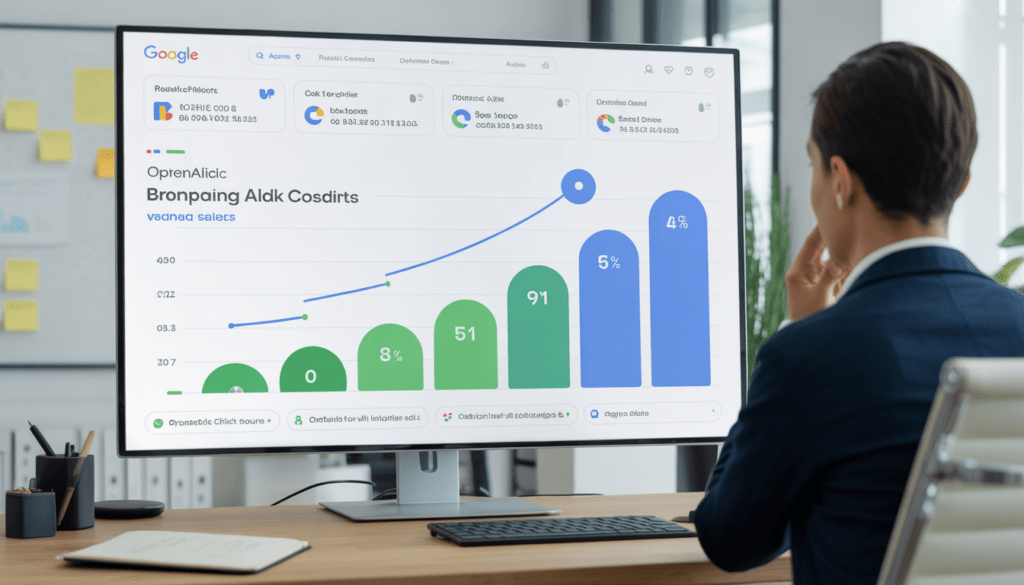 Consultant en marketing digital devant grand écran affichant tableau de bord Google Ads dynamique avec graphiques de croissance ascendante et courbes ROI vertes