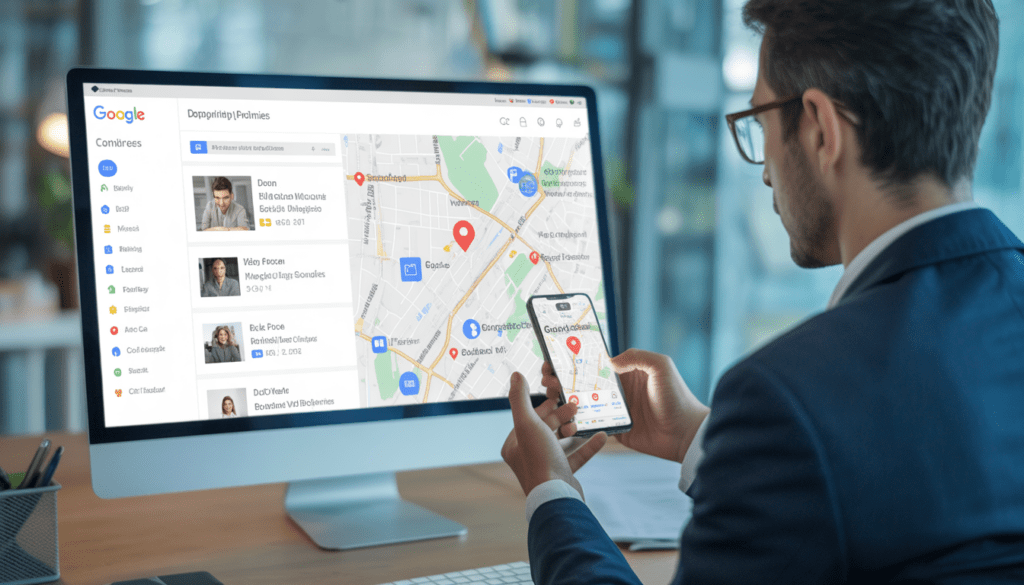 Consultant marketing professionnel dans un bureau moderne, visualisant un profil Google Business optimisé sur ordinateur et smartphone avec une carte locale géolocalisée à l'écran
