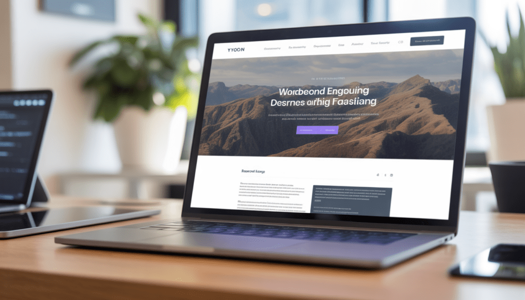 Écran d’ordinateur affichant un design moderne et épuré de site WordPress dans un bureau lumineux avec éléments de web design et ambiance inspirée de Lyon