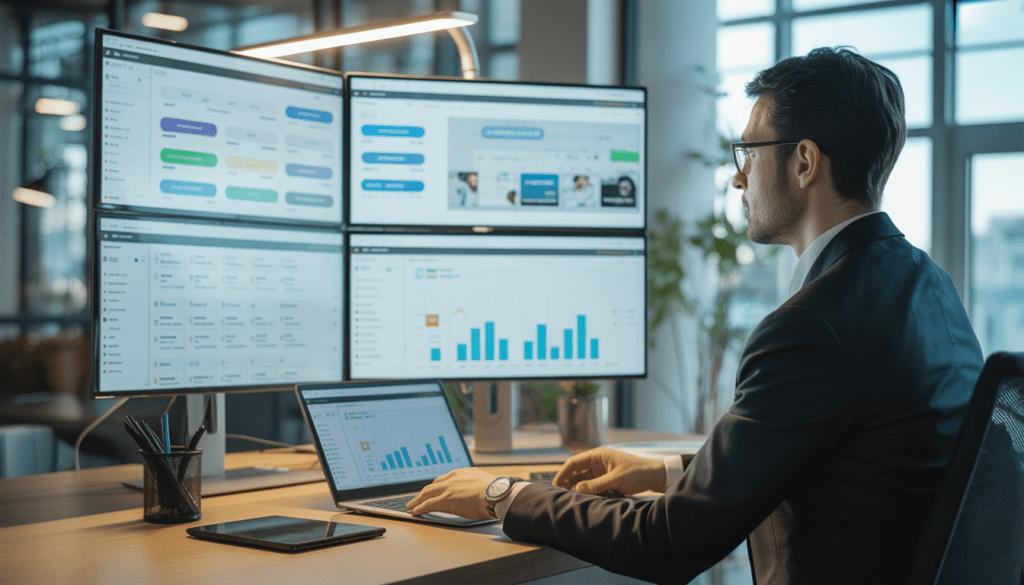 Expert en marketing digital travaillant devant plusieurs écrans affichant un workflow d'automatisation avec flux de données, scénarios email et tableaux de performance dans un bureau moderne lumineux