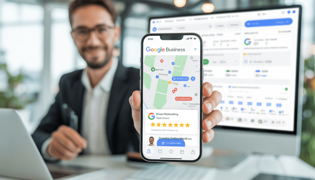 Consultant en marketing digital présentant un profil Google Business optimisé sur un smartphone avec une carte locale et avis visibles, bureau moderne en arrière-plan