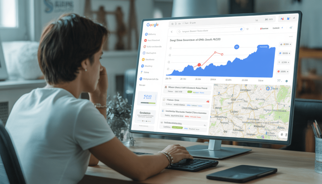 Consultant SEO local travaillant dans un bureau moderne à Lyon, analysant des résultats de recherche Google et un tableau de trafic en hausse, avec une carte locale mettant en évidence les positions géographiques autour de Lyon, espace de travail épuré et lumineux