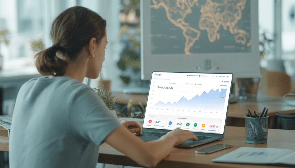 Consultant marketing digital freelance à Lyon travaillant sur un ordinateur portable affichant des graphiques de performance Google Ads et des indicateurs de ROI, avec une carte subtile de Lyon en arrière-plan dans un espace lumineux et épuré.