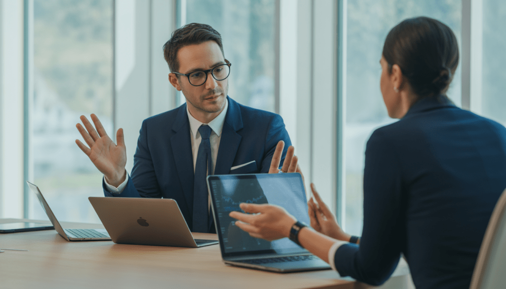 Consultant professionnel présentant une proposition de tarification à un client dans une salle de réunion moderne, discussion confiante avec dispositifs numériques sur la table