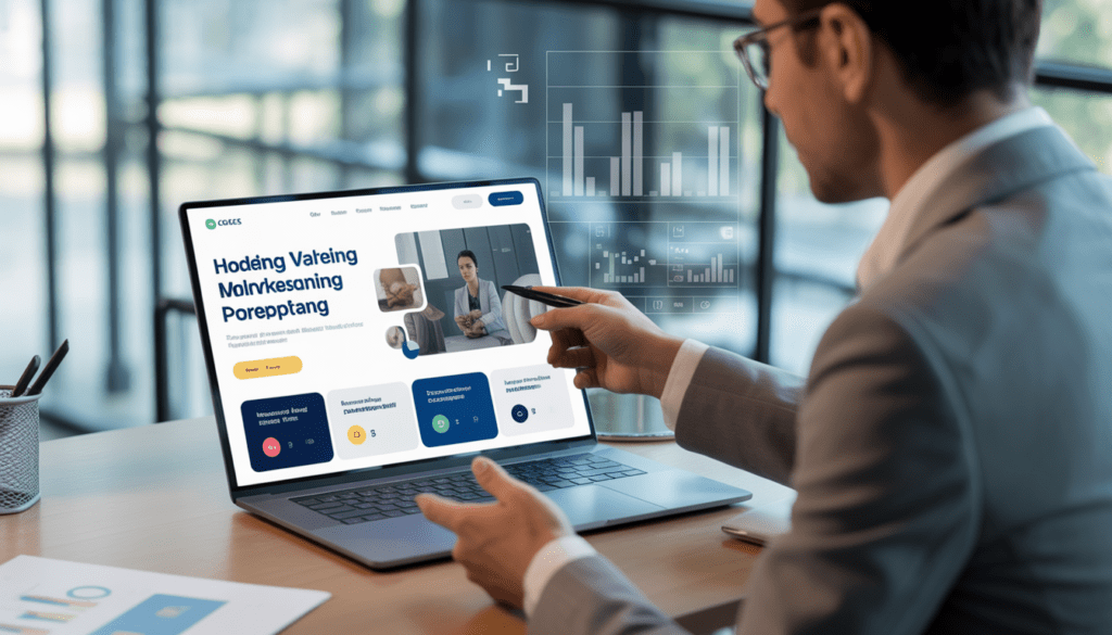 Consultant en marketing digital présentant une landing page moderne sur écran d'ordinateur portable dans un bureau contemporain lumineux