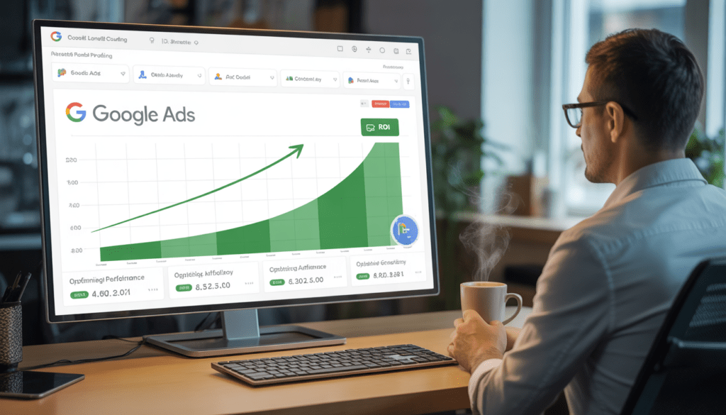 Consultant en marketing digital professionnel debout devant un grand écran affichant des tableaux de bord Google Ads avec des graphiques de croissance ascendante et un retour sur investissement élevé en vert