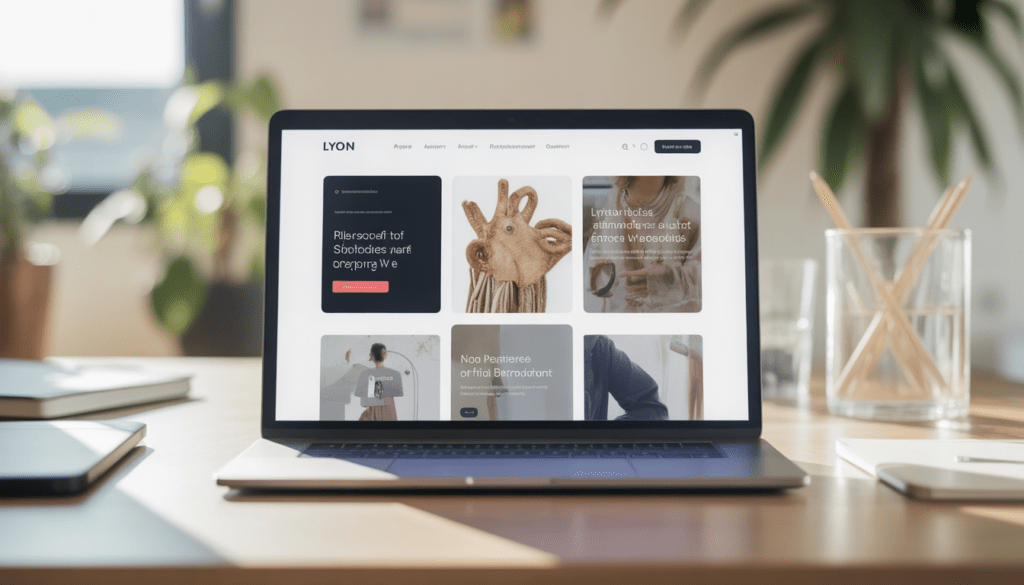 Ordinateur portable affichant un site WordPress moderne en cours de création avec interface claire, blocs de contenu bien structurés et accents artisanaux de Lyon dans un bureau lumineux et professionnel