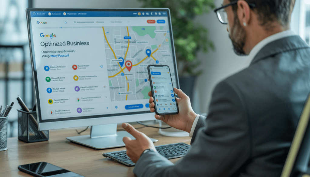 Consultant en marketing digital travaillant à un bureau moderne avec un ordinateur et un smartphone affichant une fiche Google Business Profile optimisée et une carte locale avec plusieurs emplacements épinglés