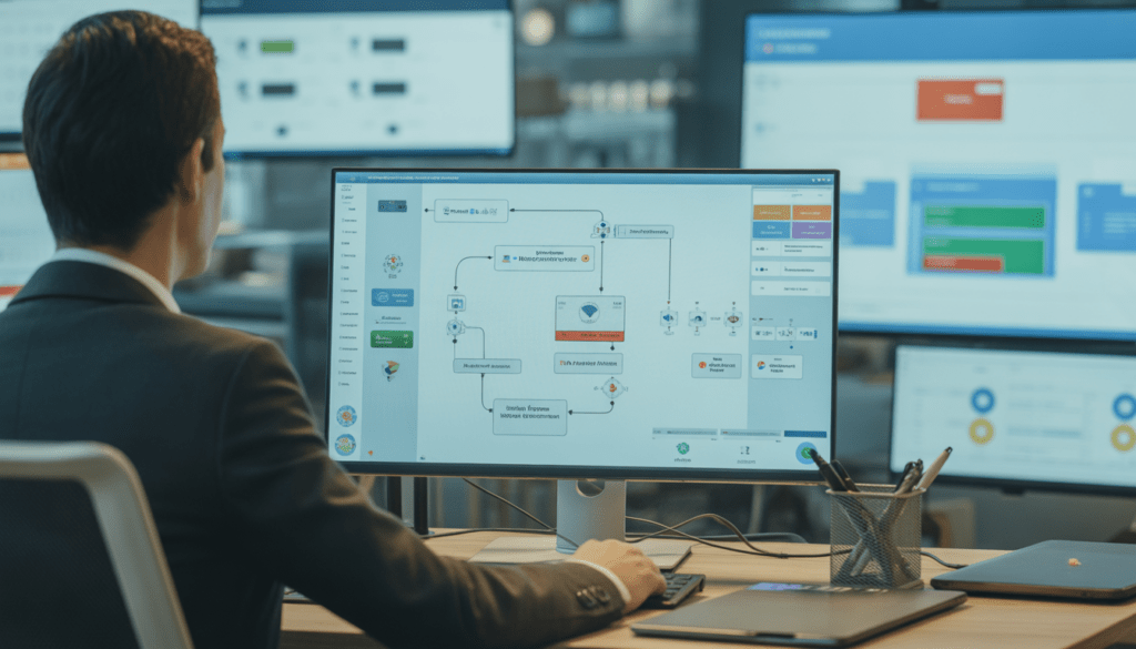Consultant en marketing digital assis à son bureau avec un ordinateur affichant un diagramme clair de workflow d'automatisation, dans un bureau moderne avec plusieurs écrans montrant des tableaux de bord et des workflows