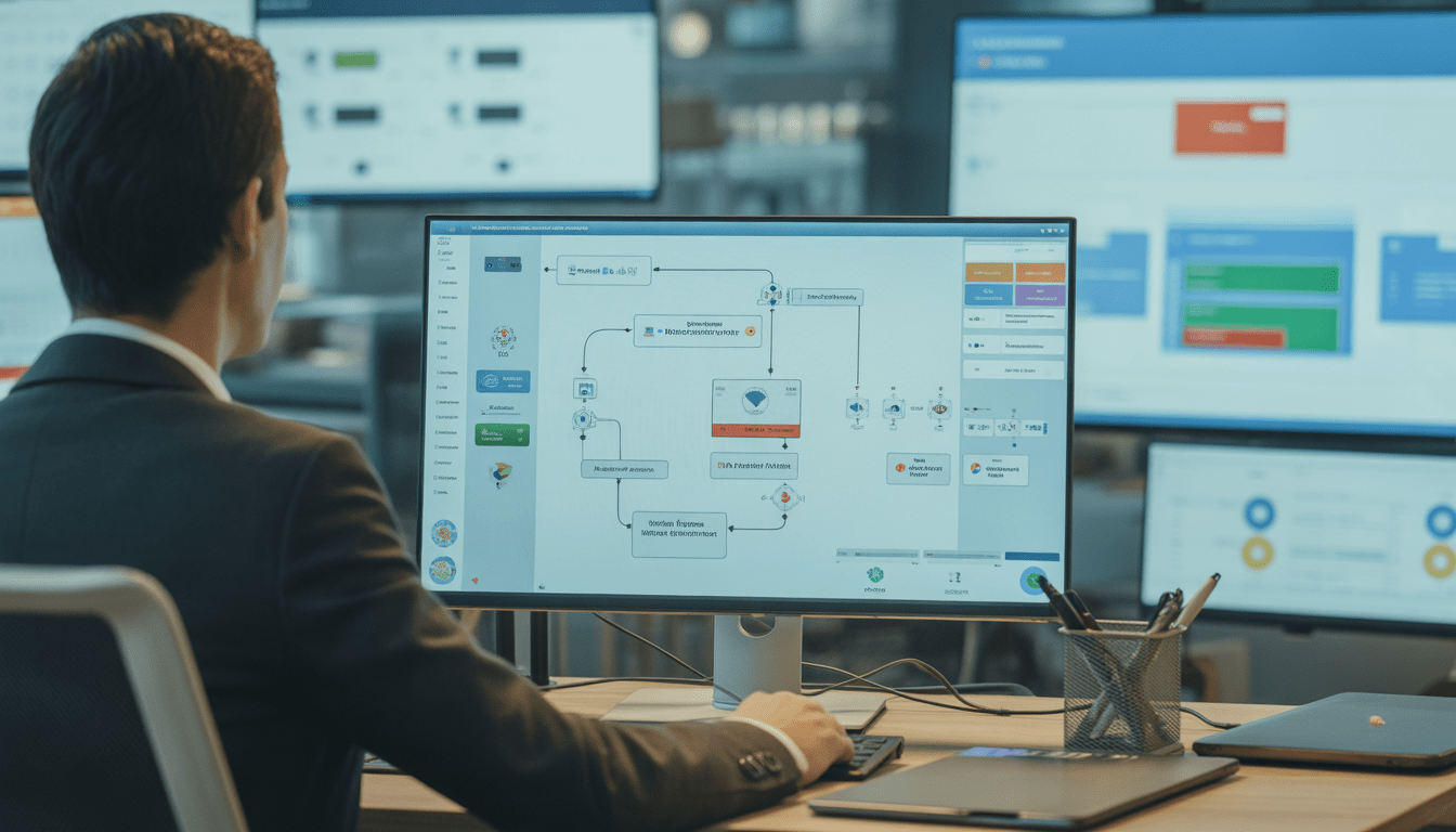 Consultant en marketing digital assis à son bureau avec un ordinateur affichant un diagramme clair de workflow d'automatisation, dans un bureau moderne avec plusieurs écrans montrant des tableaux de bord et des workflows