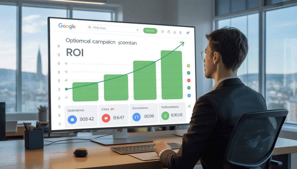 Consultant en marketing digital professionnel devant un grand écran affichant un tableau de bord Google Ads avec des graphiques de croissance ascendante et des métriques optimisées