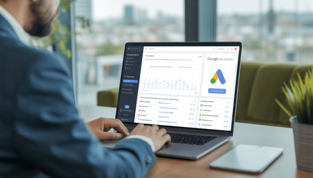 Consultant freelance en marketing digital travaillant sur un ordinateur portable affichant un tableau de bord analytique et une interface Google Ads dans un espace de coworking lumineux à Lyon, avec vue urbaine subtile en arrière-plan