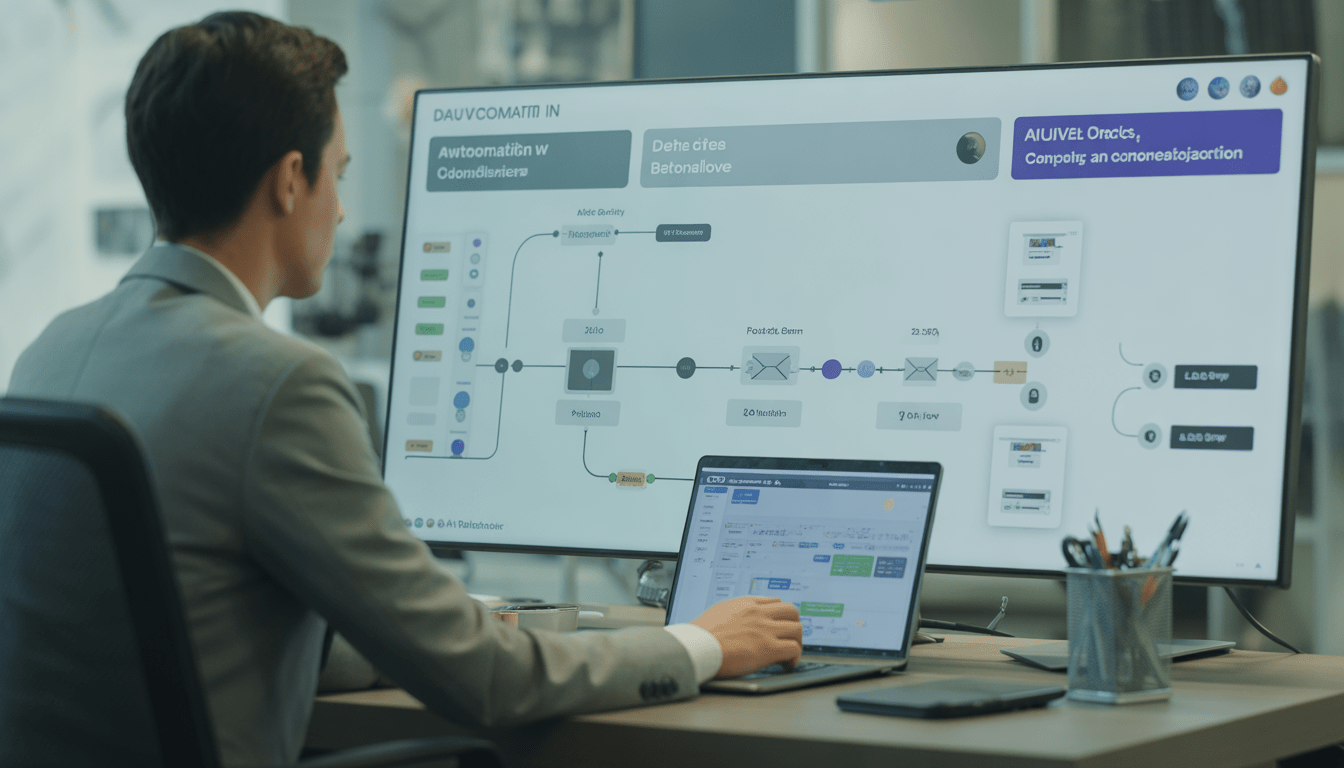 Expert en marketing digital assis à un bureau moderne avec plusieurs écrans montrant un workflow d'automatisation, séquences d'emails et flux de données