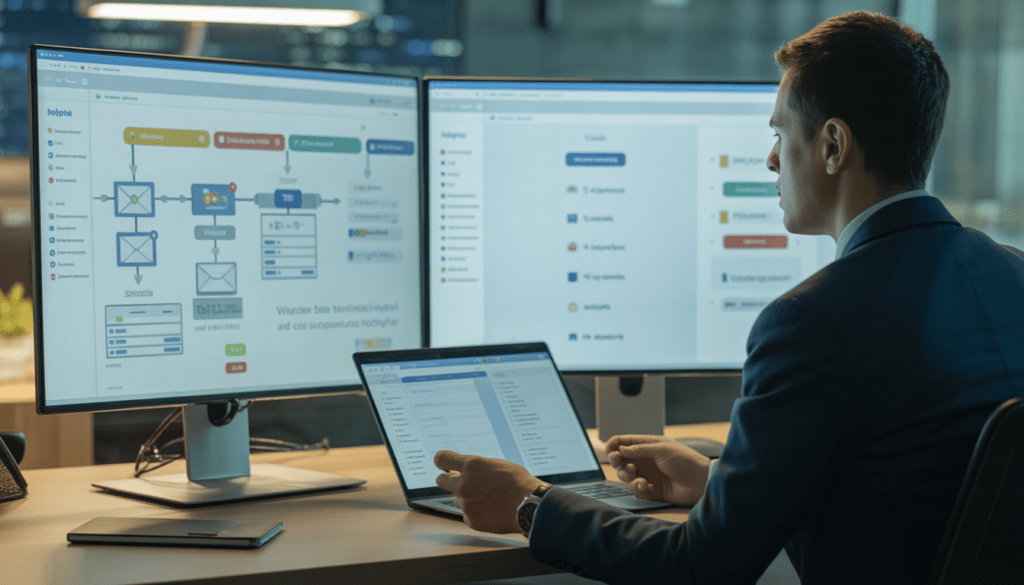 Consultant en marketing digital travaillant devant plusieurs écrans avec un diagramme de workflow automatisé affichant des flux de données, séquences d'emails, règles déclenchées, connexions CRM, formulaires et liens de campagne.