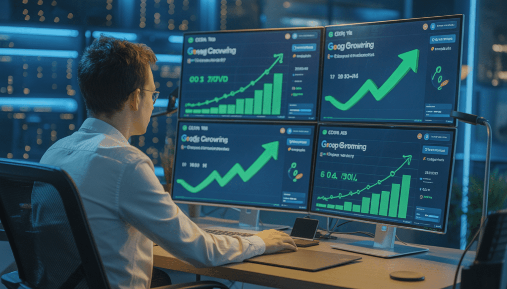 Consultant en marketing digital assis à un bureau moderne avec plusieurs écrans affichant des tableaux de bord Google Ads dynamiques et des graphiques de croissance ROI
