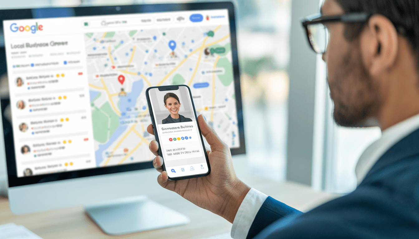 Consultant professionnel au bureau moderne, smartphone affichant une fiche Google Business, écran d'ordinateur montrant une carte locale avec des marqueurs et avis clients