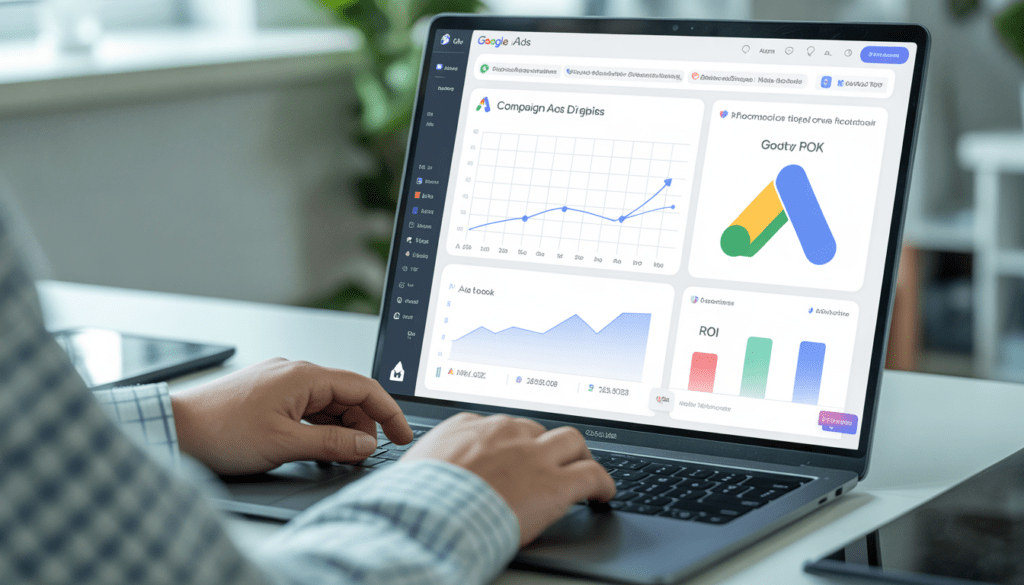 Consultant Google Ads travaillant sur un ordinateur portable affichant un tableau de bord de campagne avec graphiques de performance et indicateurs de croissance dans un bureau moderne à Lyon