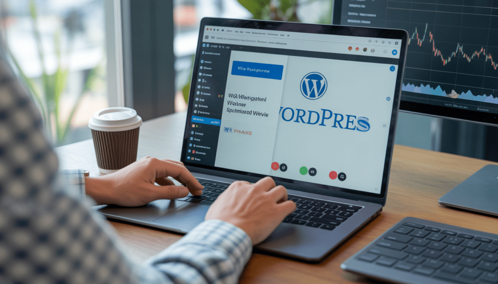 Consultant freelance travaillant sur un ordinateur portable avec écran partagé montrant la personnalisation WordPress et un aperçu SEO en temps réel dans un bureau moderne lumineux