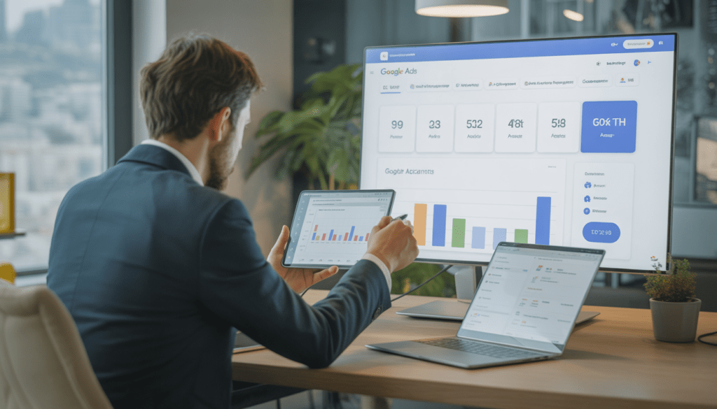Consultant marketing digital Lyon discutant de tableaux de bord Google Ads et métriques de leads avec un propriétaire de PME