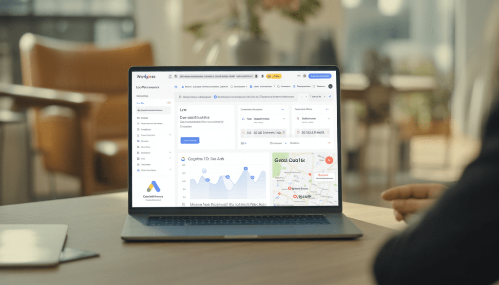 Consultant marketing digital Lyon indépendant en discussion avec un dirigeant de PME dans un bureau moderne, montrant un site WordPress et un tableau de bord Google Ads