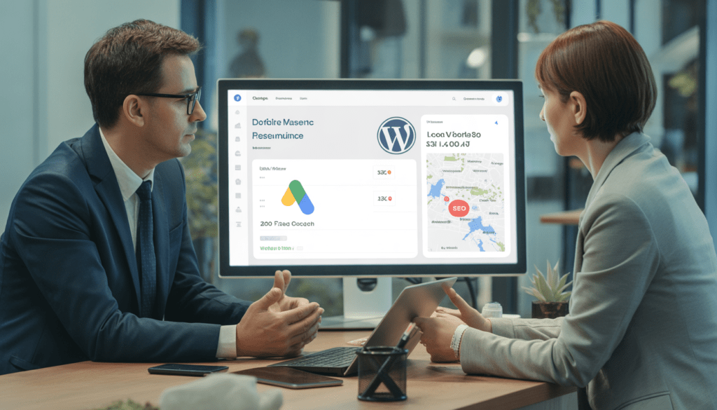 Consultant marketing digital Lyon discutant stratégie avec un dirigeant de PME dans un bureau moderne