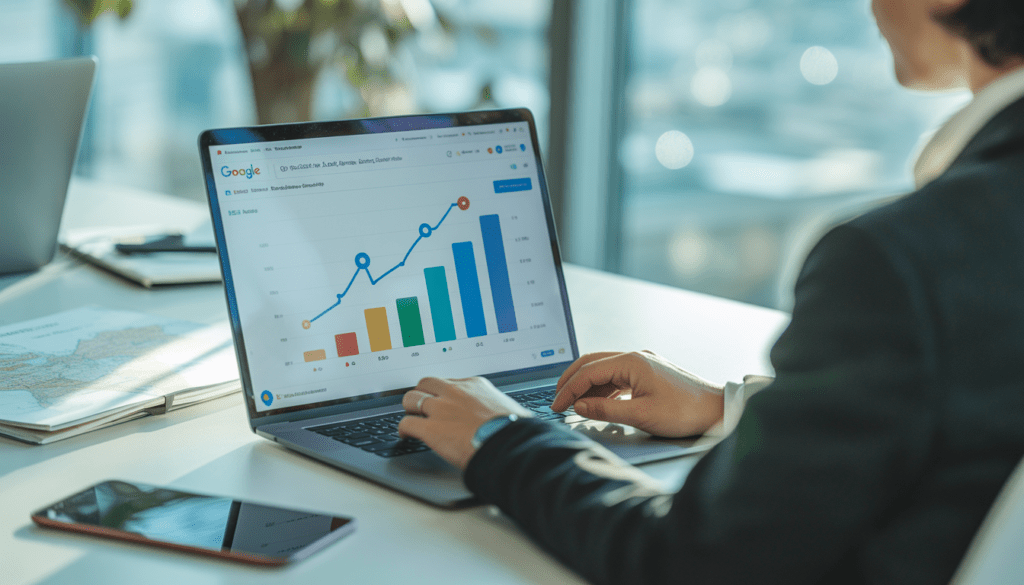 Consultant marketing digital travaillant sur un ordinateur portable élégant affichant des graphiques de performance Google Ads en hausse dans un bureau lumineux et moderne à Lyon avec une carte locale subtile en arrière-plan