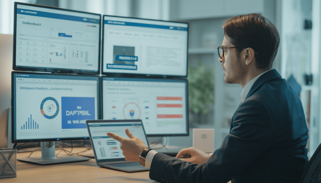 Consultant SEO expert analysant plusieurs écrans affichant des tableaux de bord d’audit de site web, graphiques de trafic, erreurs techniques et mots-clés mis en avant dans un bureau moderne et lumineux