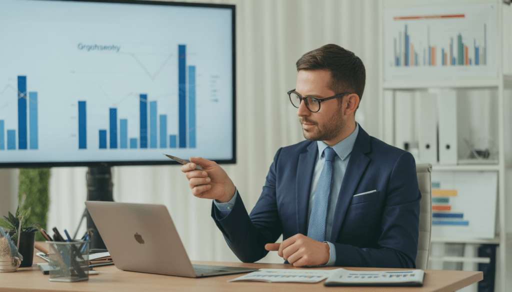 Consultant en marketing digital analysant la stratégie de croissance pour PME dans un bureau moderne avec ordinateur portable et graphiques