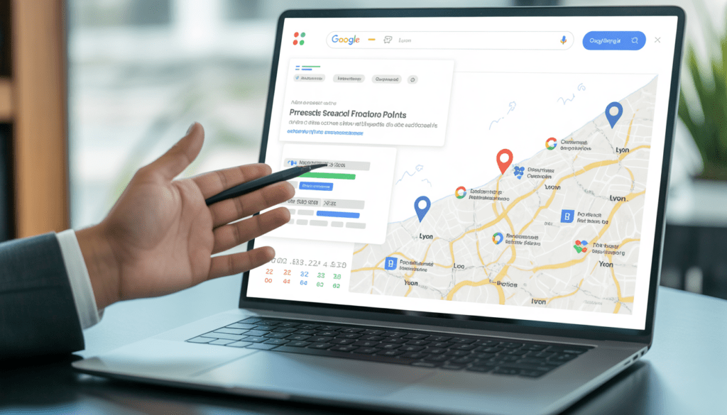 Consultant SEO local à Lyon présentant une proposition sur un écran d'ordinateur portable avec une interface moderne affichant des résultats de recherche Google, une carte locale de Lyon avec des marqueurs de position et des indicateurs de visibilité croissante dans un bureau moderne lumineux