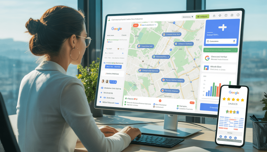 Consultant en marketing digital devant un ordinateur affichant un profil Google Business optimisé avec une carte locale interactive marquée de clients, badges de vérification et graphiques de visibilité en hausse, smartphone montrant des avis 5 étoiles et un tableau de bord analytique, dans un bureau moderne à Lyon