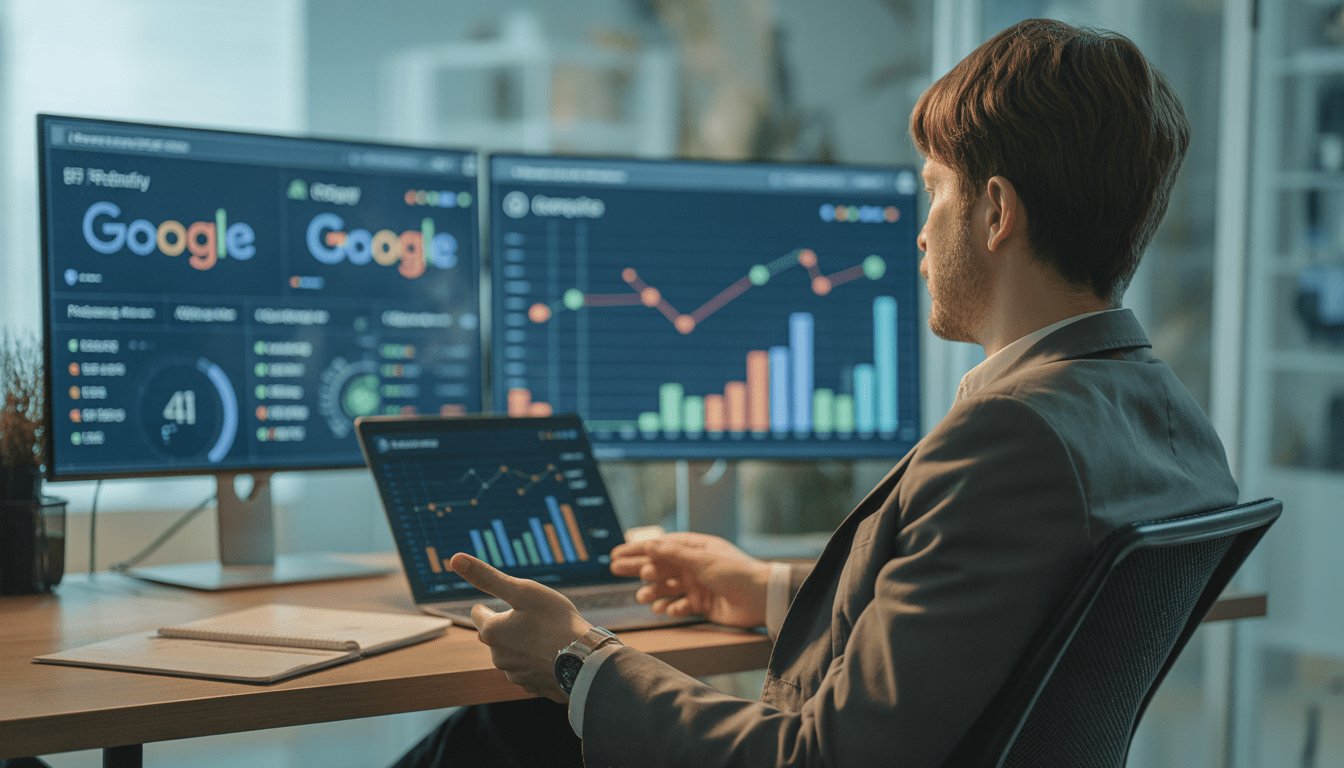 Consultant SEO assis dans un bureau moderne avec deux écrans affichant des tableaux de bord de performance, classements Google, mots-clés, et graphiques de trafic en hausse