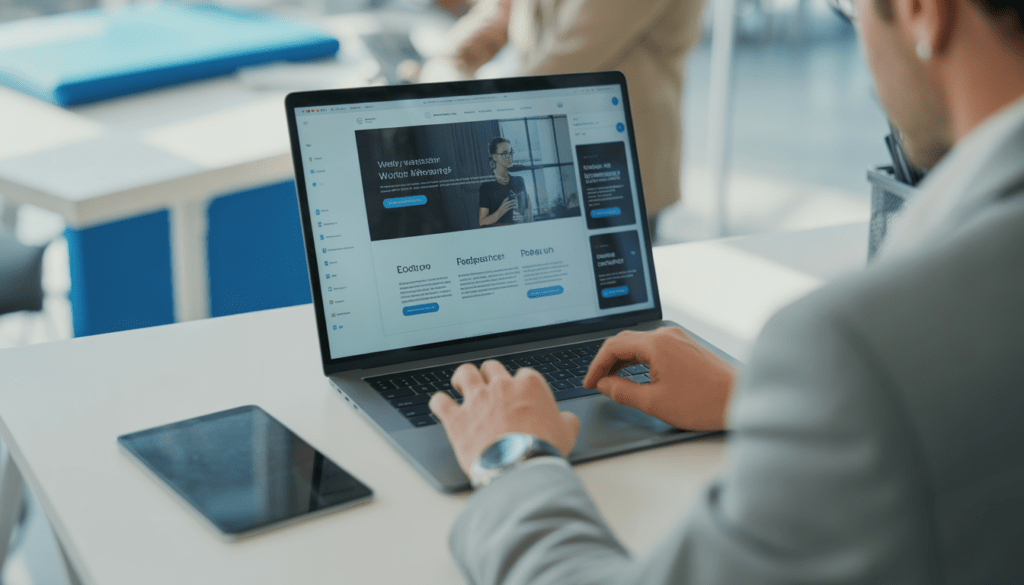 Consultant freelance travaillant sur un ordinateur portable affichant une maquette moderne de site WordPress avec interface épurée et blocs de contenu élégants, plusieurs aperçus responsives sur différents écrans dans un bureau lumineux aux tons neutres et accents bleus