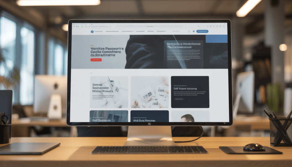 Écran d'ordinateur affichant une maquette WordPress moderne et épurée avec blocs de contenu bien structurés dans un bureau d'agence digitale à Lyon