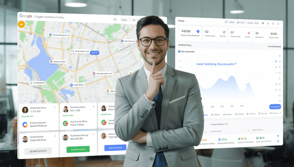 Expert en marketing digital dans un bureau moderne devant un écran affichant Google Maps interactif avec des épingles locales et des profils Google Business optimisés avec des évaluations 5 étoiles